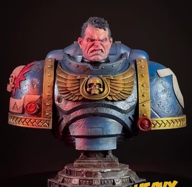 Custom painted Captain Titus Space Marine bust featuring Ultramarines blue armor, gold Aquila chest