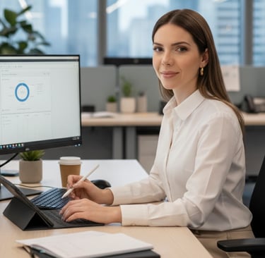 Mariane Amorim, Founder of My Expert Recruiter, working at her desk in a modern office environment.