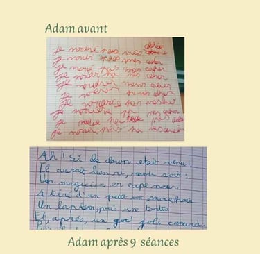 Images de l'écriture de Adam avant et après un suivi en graphopédagogie.