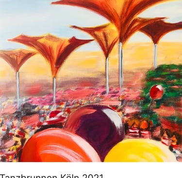 a painting of a group of people in a field