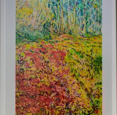 a painting of a field with a dog in the foreground