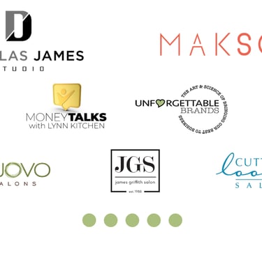 logos for Douglas James studio, Makschu Productions, Money Talks, UnforgettableBrands, Nuovo Salons,