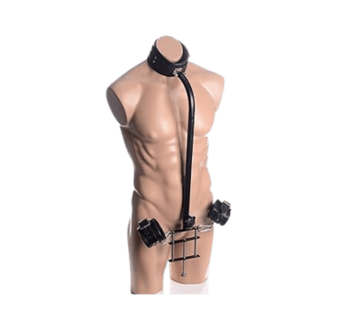 a cock pillary bondage device that conects neck wrists and has a clamp to squeeze balls
