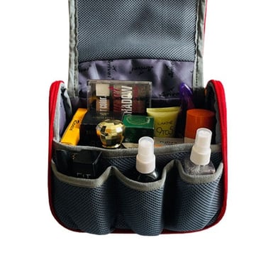 red makeup bag with multiple space to keep products