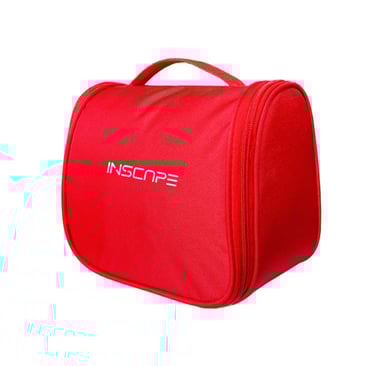 a red makeup bags with inscape logo on it
