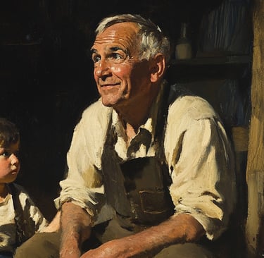 a painting of a man sitting on a chair