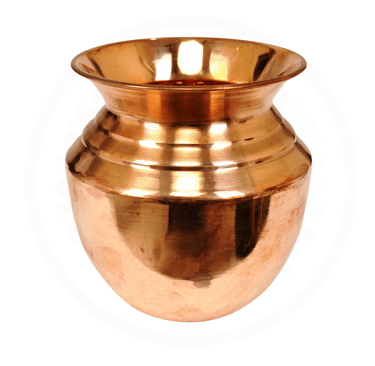 a copper vase with a large metal bowl on it