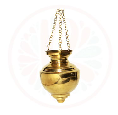 a gold colored vase with a chain hanging from a chain