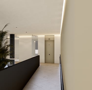 a long hallway with a planter and a planter