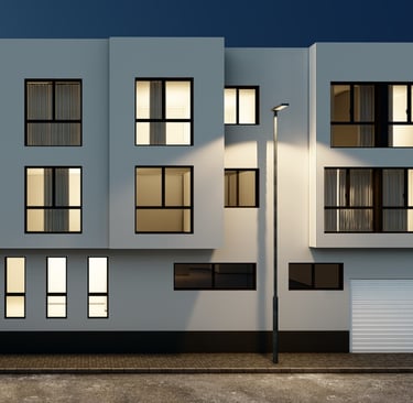 a building with a lot of windows and a street light