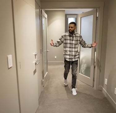 a man in a plaid shirt is standing in a hallway