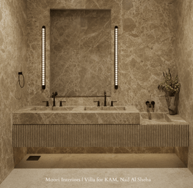 Double sink vanity with a ribbed base and a marble countertop.