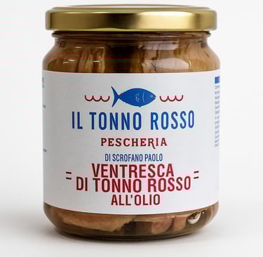 Barattolo di ventresca di tonno rosso all'olio del marchio Il Tonno Rosso Pescheria di Scrofano Paolo