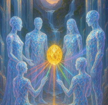 a group of people standing around a golden ball