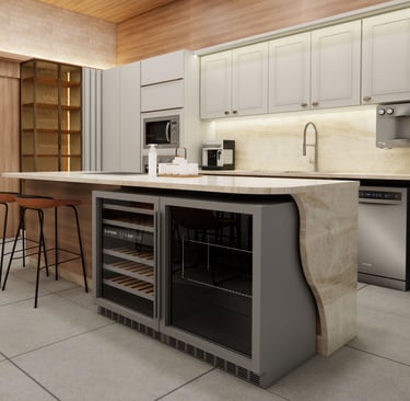 Cozinha moderna com ilha central, adega embutida, armários cinza e detalhes em madeira