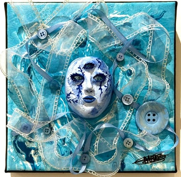a painting of a face with a blue face and tissus
