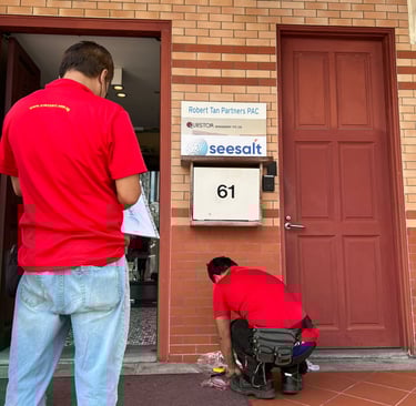 Couple of workers installing SeeSalt logo alongside Questor Management