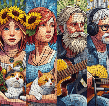 A divided panel of four different people pictured in a colourful mosaic form
