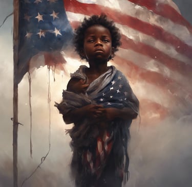 African American Boy draped in American flag 
