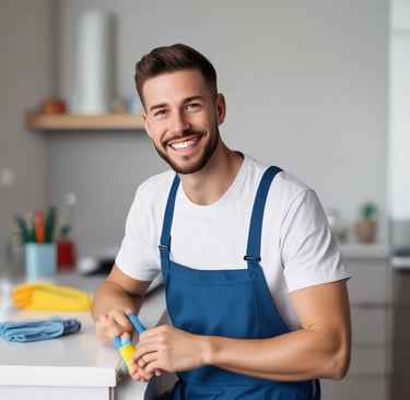 a man in a blue overall suit and suspenders