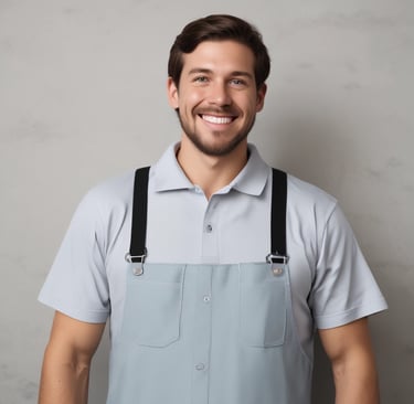 a man in a blue overall suit and suspenders