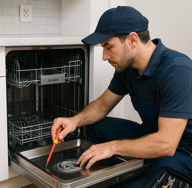 echnician servicing a Bosch dishwasher in a modern kitchen.