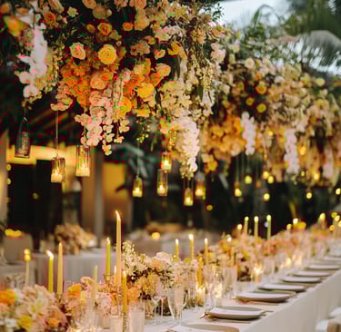 a long table with candles and candles on it