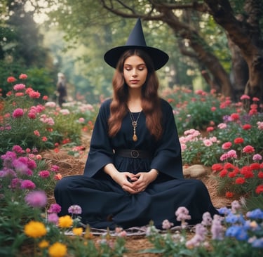 young witch meditating in beautiful flower garden