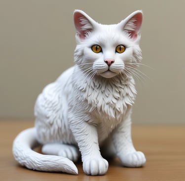 A close-up of a finely detailed, hand-painted 3D pet figurine in warm ivory and gold tones