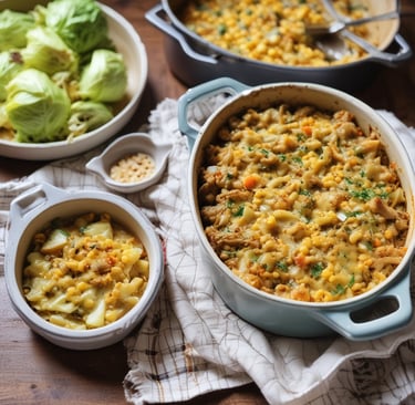 image of a buffet table with casserole dish and plate of cabbage