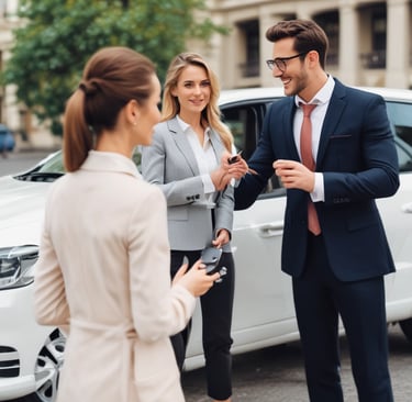 Corporate passengers comfortably seated inside a modern executive vehicle.