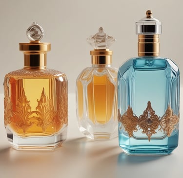 a bottle of perfume sitting on top of a red ribbon