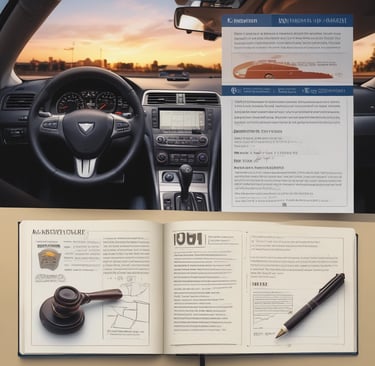 Realistic open guidebook on a car dashboard at dusk showing diagrams of a courtroom gavel, DMV build
