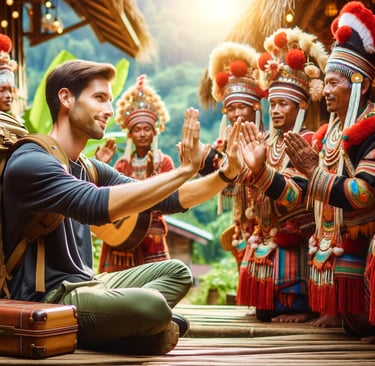 a man sitting on a wooden platform with a guitar
