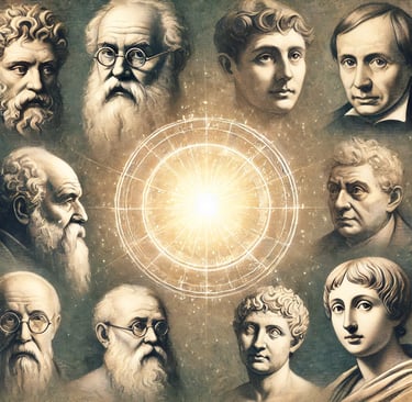 philosophers in a glowing circle—suggesting wisdom radiating across time.