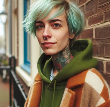image of a woman face, she has green hair