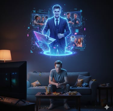 Hombre en sofá mientras su IA holográfica vive su vida social y laboral en su lugar.