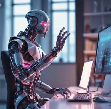 a robot with a computer monitor and a laptop