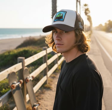 A young man with long hair wearing a custom trucker hat standing by skateboards at a sunny beach.