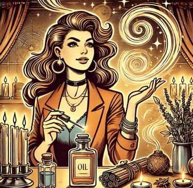 a woman in a brown jacket is holding a pen and a pen