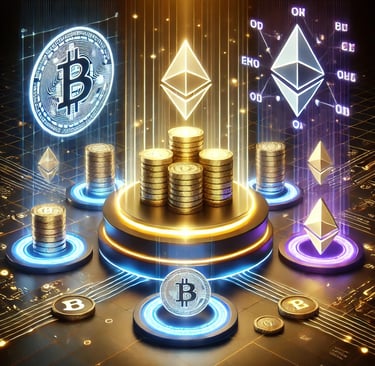 a stack of coins and crypt currency symbols