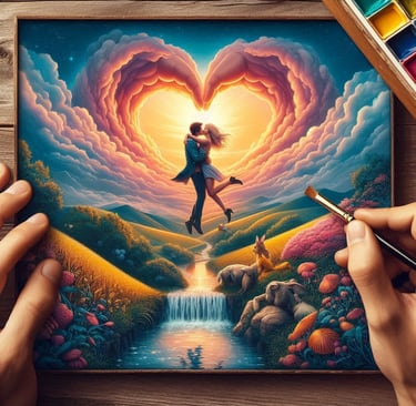 A man applying paint with his hands to form a heart shape on a canvas, expressing creativity and emotion.