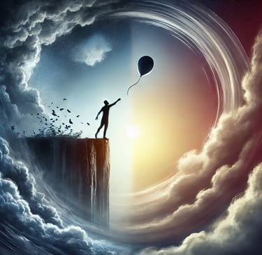 A man letting go of a balloon on the edge of a cliff