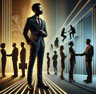 a man in a suit and tie standing in front of a group of people
