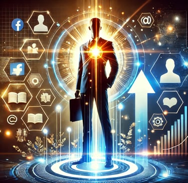 a man in a suit and tie is standing in front of a digital image of