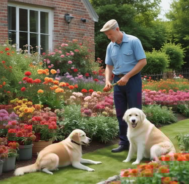 gardener in garden with dog