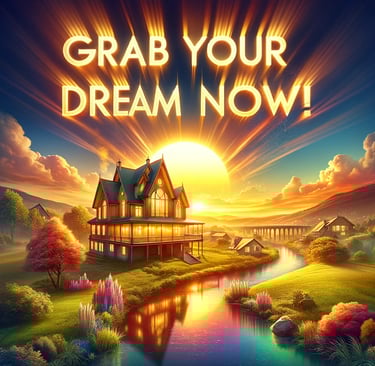 a house with a sunset and a river in the background