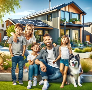 a family posing for a photo in front of a house