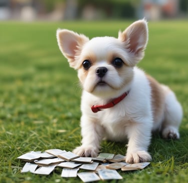 a small dog sitting on the grass with a pile of money