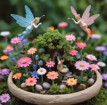fairies hovering over fairy garden flowers